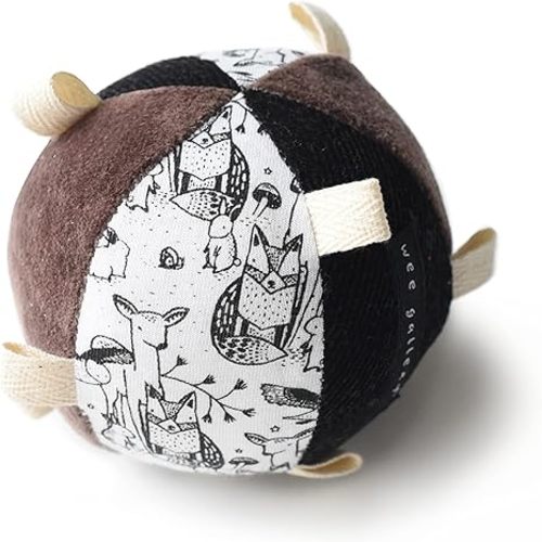 Wee Gallery Taggy Ball with Rattle, Soft Sensory Baby Toy, Sensory Ball with Organic Cotton Fabric, Little Tags & Gentle Rattle for Tummy Time, Grasping & Developmental Play, Woodland