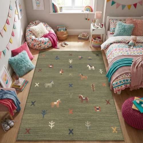 Green Horse Kids Rug — Folk Animal Tribal Bedroom Playroom Carpet