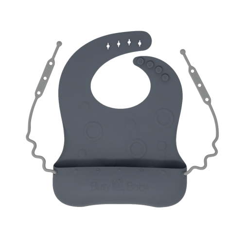 Busy Baby Silicone, BPA-Free Toddler and Baby Bib with Food Catcher and Utensil Straps, Pewter