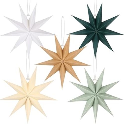 5 PCS 12 Inch Sage Green Paper Star Lanterns - Hanging Stars Christmas Party Decorations