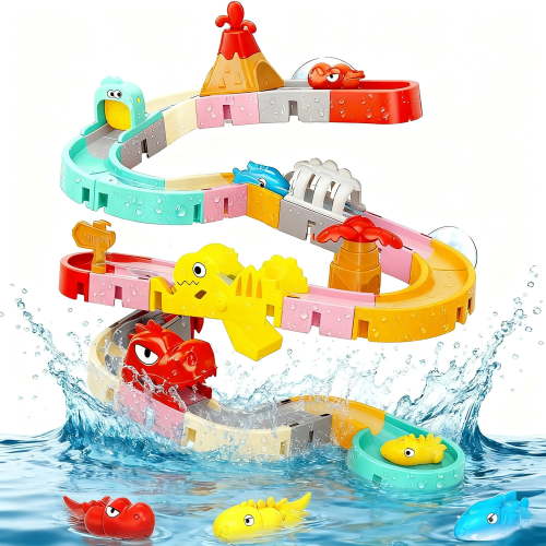LieGorJi Dino Bath Toys Set, Toddler Bathtub Toys for Boy & Girl, Dinosaur Slide Toys for Kids, DIY Building Kids for Baby, Birthday Gifts for 8 9 10 11 12 Month 1-3 Year Old