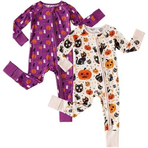 OPAWO Viscose from Bamboo Baby Pajamas Girl 2pack Mittens Cuff 2 Way Zipper Soft Footless Sleeper Baby Boy One-Piece Romper