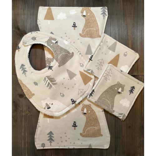 Baby Bib, Burp Cloth Set with (2) Washcloths Flannel Handmade Winter Bears