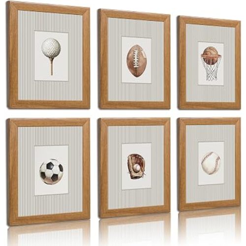 6Pcs Framed Vintage Boys Sports Room Wall Decor, Kids Ball Themed Wall art