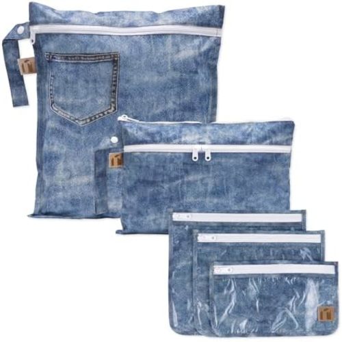 Bumkins Roamio Travel Set – Waterproof Wet Bag, Wet/Dry Clutch, 3 Clear TSA Pouches – Reusable Organizers for Swim, Gym, Toiletries, Baby Gear, Pump Parts, Beach, Pool, Travel, Faux Denim 5-pc Set