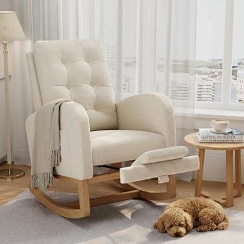 GAOMON Modern Rocking Chair for Living Room, Comfortable Recliner Rocker with Side Pocket, Soft Linen Upholstered Glider Chair for Bedroom, Nursery, Lounge-Beige