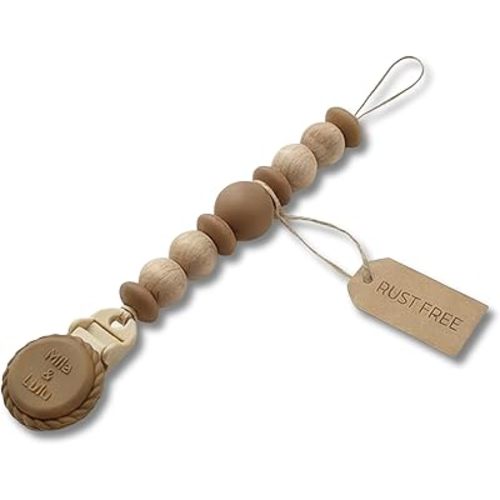 Silicone Pacifier Clip – Metal-Free, Rust-Free, 100% Food-Grade Silicone and Natural Beech Wood, Secure Pacifier Holder for Babies – Hazel - Mila & Lulu
