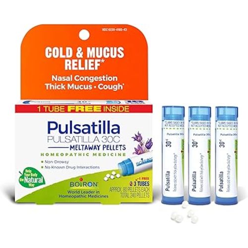 Boiron Pulsatilla 30C Homeopathic Medicine for Relief from Cold, Nasal Congestion, Thick Mucus, and Cough - 3 Count (240 Pellets)