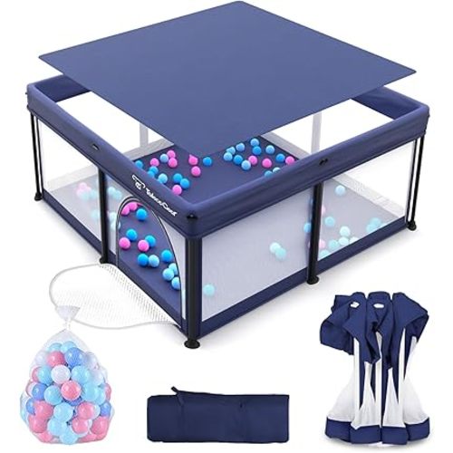 Foldable Baby Playpen for Babies and Toddlers, 50x50 Inch Portable Play Yard, Collapsible Play Pen with Mat, Visible Mesh, 50 Ocean Balls, Indoor/Outdoor Baby Fence Activity Center for Home