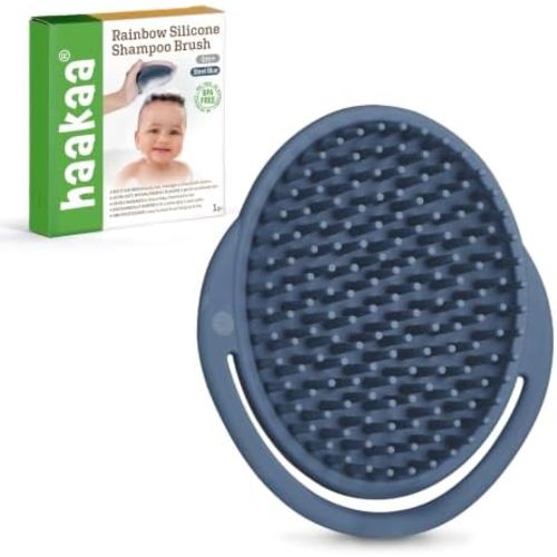 Haakaa Silicone Shampoo Brush, Baby Hair Scrubber, Bath Brush, Steel Blue