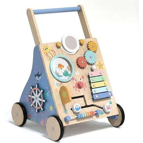 Ocean-Themed Wooden Baby Walker with Activity Center, Montessori Push Walker Toy for Babies 18 Months, Safe First Steps Baby Walking Aid for Boys & Girls