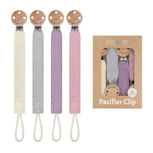 TYRY.HU Ribbon Pacifier Clip Holder,4 Pack Binky Paci Holder Clips, Pacifier Leash for Boys and Girls, Soft Webbing Strap Universal Fits for Most Pacifier, Styles & Teethers(Khaki,Grey,Blue,Green)