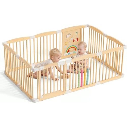 Wooden Baby Playpen, 70×51×25in Large Play Yard with Toys, CPC Certified