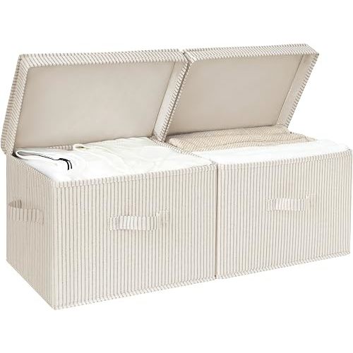 StorageWorks Fabric Storage Bins with Lid, Decorative Storage Boxes for Shelves, Stackable Closet Organizer Basket with Handles, Large, Khaki and Beige Stripes, 2-Pack