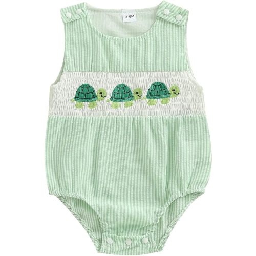 GOOCHEER Newborn Baby Boy Summer Outfit Octopus/Turtle Smocked Bubble Romper Striped Overall Sleeveless Bodysuit Clothes