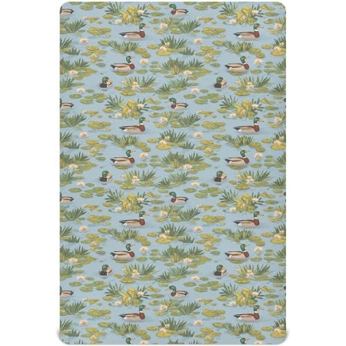Fitted Crib Sheets for Baby Boys or Girls Soft Breathable Baby Play Yard Sheet for Standard Size Crib Mattress 52x28in Ducks and Water Lilies in The Pond