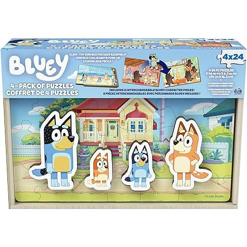 Spin Master Games, Bluey Puzzles 4-Pack, Wooden Jigsaw Puzzles for Preschoolers, 24 Pieces Each, Interchangeable Pieces, Bluey Birthday Gifts, for Kids Ages 3 & Up