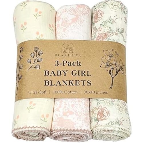 HEARTHIVA Baby Blanket Set – 3-Pack 100% Cotton Receiving Blankets for Newborns – Soft, Breathable & Lightweight – 30"x40" Multi-Purpose Baby Blankets (Pink-Themed, Floral)