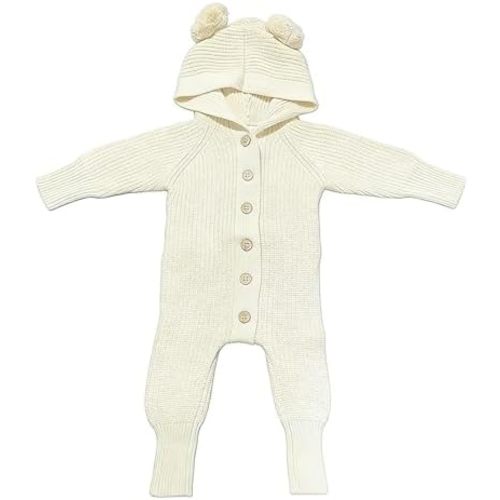 Newborn Baby Knitted 100% Cotton Romper Sweater Jumpsuit with Pom Pom Ears, Long Sleeve Outfit