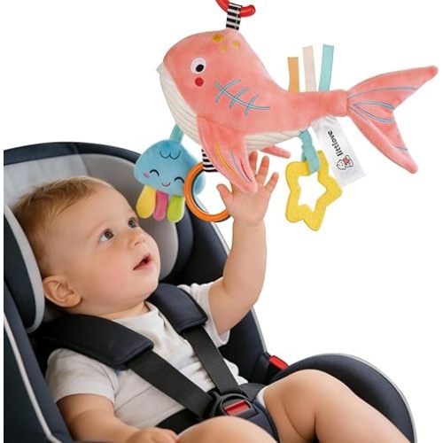 littlove Musical Baby Toys for Car Seat 6-12 Months, Travel Sensory Toy 3-6 Months, Montessori Plush Toys for Roadtrip with Teether/Crinkle Textures/Clackers/Squeaky/Pulling Cords Newborn Infant Gift