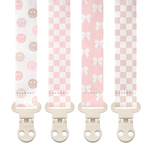 Stadela Baby Fabric Pacifier Clip Holder, Plastic Clip, 4‑Pack, Checker Pattern, Emily Set