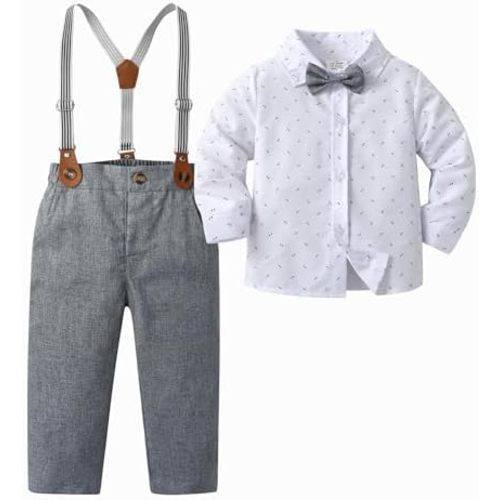 Baby Boys Pants Sets, Infant Long Sleeve Shirt + Pants + Bow Tie + Suspenders,Toddler Gentleman Outfits