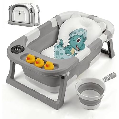 Collapsible Baby Bathtub for Newborn Infant Girl & Boy 0-24 Months, Foldable Portable Bathtub with Thermometer, Heat Sensor, Drain Plug, Water Scoop, Dino Cushion Pillow, Travel Bath Tub for Shower