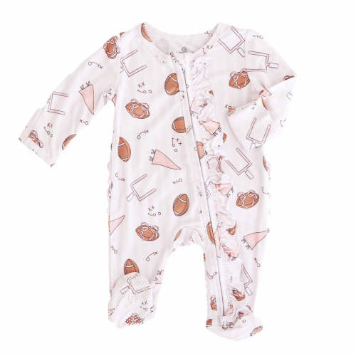 Tiny Touchdowns Ruffle Zipper Footie | Pink