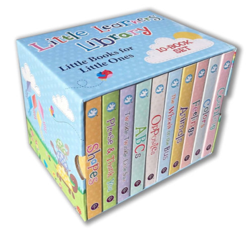 Little Learners 10 Board Book Library Set Includes Counting, Colors, Feelings, Animals, The Wheels on the Bus, Opposites, ABCs, Twinkle Twinkle Little Star, Please & Thank You, and Shapes