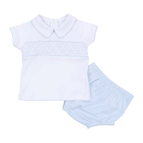 Walker's Classics Smocked Short Sleeve Diaper Cover Set - Light Blue