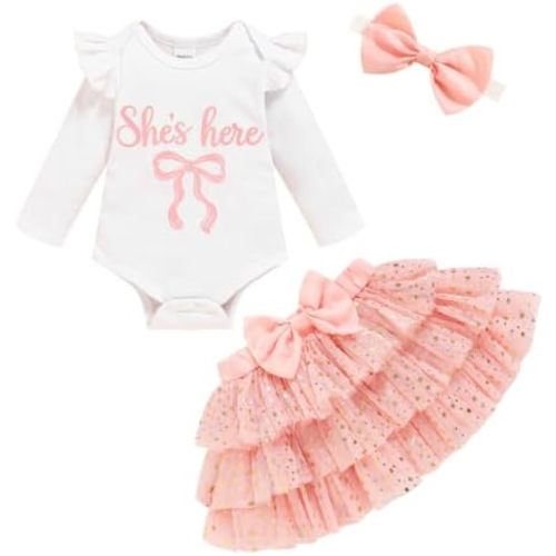 Newborn Baby Girl Outfits Infant Letter Print Romper+Tutu Skirt+Headband+Legging Warmer Coming Home Clothes Set