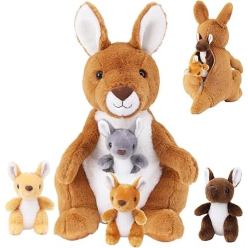 5 PCS Kangaroo Stuffed Animal, 16 Inch Mommy Stuffed Kangaroo Plush Toy with 4 Babies Insides, Kangaroos with Joey Plush Toys and Pouch for Kids Birthday Gift Christmas Party Favors