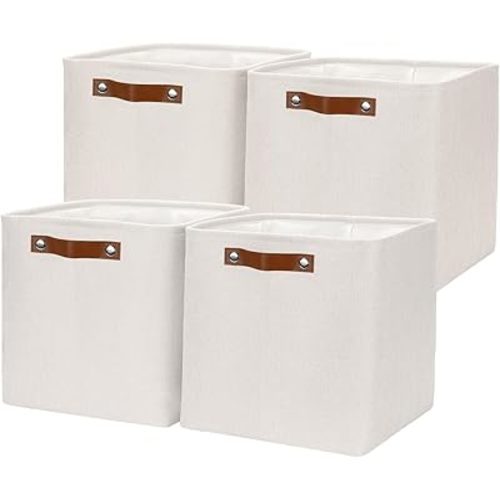 HNZIGE Foldable Cube Storage Bin(4 Pack) Storage Baskets for Shelves, Closet,12x12 Storage Cube Bins Baskets for Cube Organizer, Fabric Storage Cubes for Storage Home Organization with Handles(Cream)