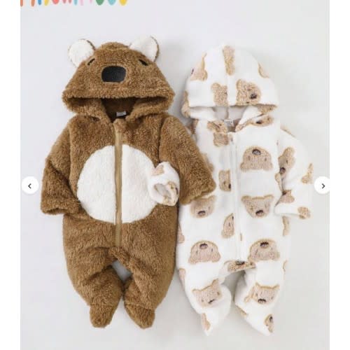 2pcs/Set Newborn Cute Koala Print Embroidered Thick Fleece Long Sleeve Jumpsuit Pajamas, Autumn/Winter Fall