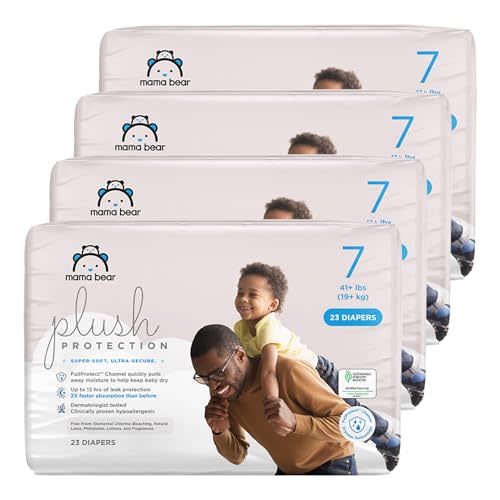 Amazon Brand - Mama Bear Plush Protection Diapers - Size 7, One Month Supply, Hypoallergenic Premium Disposable Baby Diapers, 92 Count (Pack of 4), White and Cloud Dreams