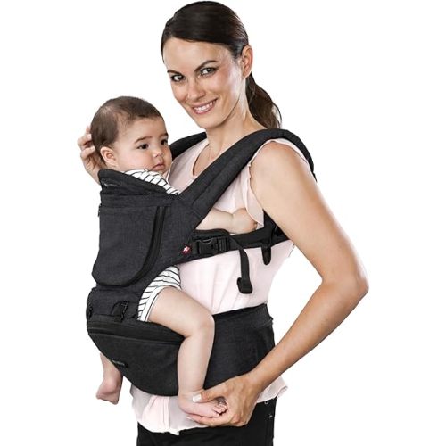 MiaMily Hipster Plus Baby Carrier with Hip Seat Ergonomic Infant Carrier 6 Carry Positions Newborn to Toddler with Lumbar Support (Charcoal Grey)
