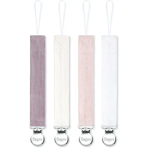 Pacifier Clip for Baby Boy and Girl - Linen Soft Fabric Pacifier Hold with Clip for Binky, Leash Soothie Holder Unisex 4 Pack (Pink)