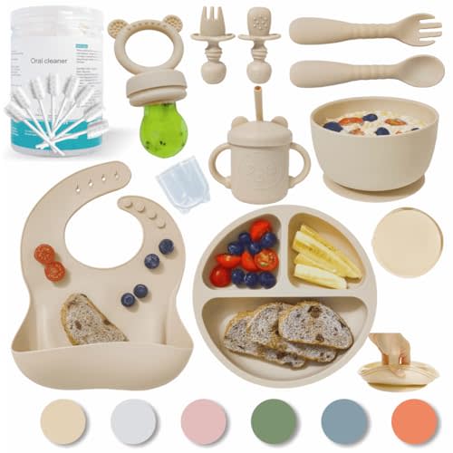 Baby Led Weaning Supplies | Silicone Baby Feeding Set Includes Suction Bowls and Plates, Baby Utensils Spoons and Forks,Cup for Toddler | Babies Eating Dishes Set 6-12 Months（Beige）