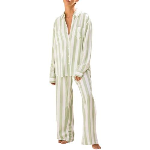 Women 2 Piece Floral Pajamas Sets Long Sleeve Button Down Shirt Wide Leg Palazzo Pants Y2K Loungewear Sleepwear Pjs