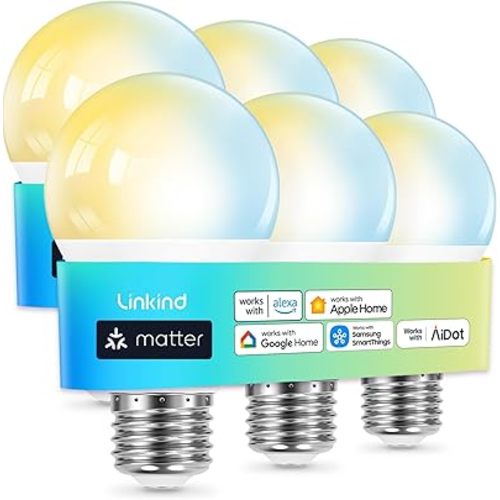 Linkind Matter Smart Light Bulb, Tunable Soft White to Daylight, Compatible with Alexa/Apple Home/Google Home, 2.4GHz Wi-Fi, 800LM 60W Equivalent, A19 E26 6-Pack