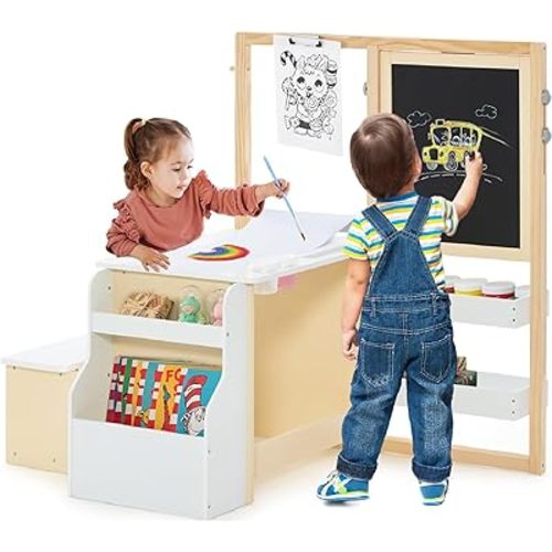 INFANS 3 in 1 Kids Art Table and Chair Set, Toddler Craft and Play Wood Activity Desk with Double-Sided Easel Blackboard Whiteboard, Paper Roll for Writing, Children Furniture for Daycare Nursery