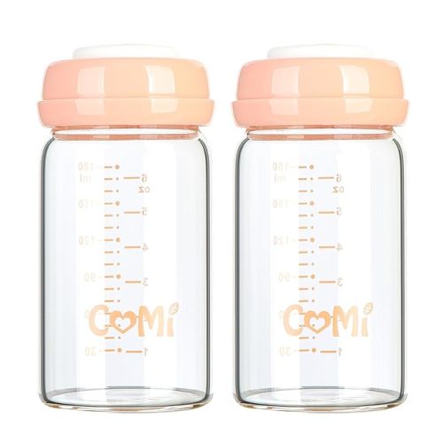 COMI Wide Neck Glass Breastmilk Collection n Storage Bottle, 4 Packs, 6oz with Screw Ring Sealing Disk; Re-markable Sealing Disc. BPA Free, Fits Breast Pumps & Nipples (4 Gray Lids)