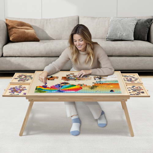 1500 Piece Puzzle Table with Folding Legs and 4 Sliding Drawers,34" x 26" Wooden Jigsaw Puzzle Board with Protective Coverfor Adults