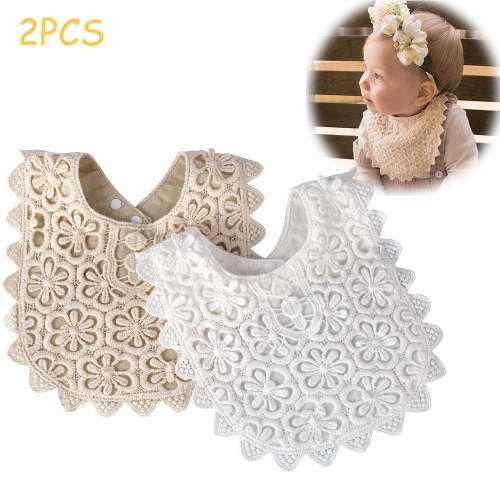 LNGOOR 2 Pcs Baby Bibs Lace Fake Collar Baby Bandana Bib for Drooling and Teething with Snap, 100% Organic Cotton Bib Burp Cloths for Baby Girl, Baby Shower Gift Set (White+Beige)