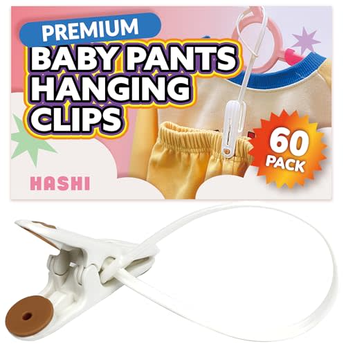 HASHI Baby Clothes & Pants Clips, Non-Slip Hanger Clips with Strong Grip, Space-Saving Organizer for Baby & Toddler Laundry, Closet, Socks, Stroller, Travel & Drying Rack (60, Premium)