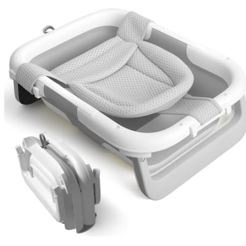 Collapsible Baby Bathtub with Newborn Sling, Baby Bath Tub with Quick Drainage Design, Infant Bathtub for Newborns to Toddlers (0-24 Months) (Grey)