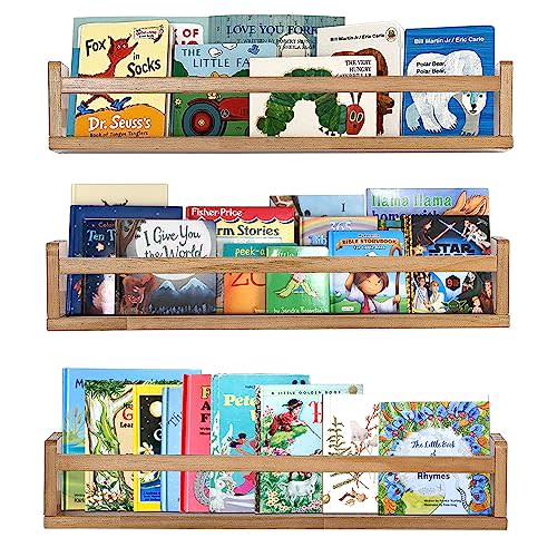 AZSKY Light Walnut Floating Shelves - Baby Nursery Decor Wall Book Shelves for Kids Room & Bathroom Decor - Set of 3, 24 Inch