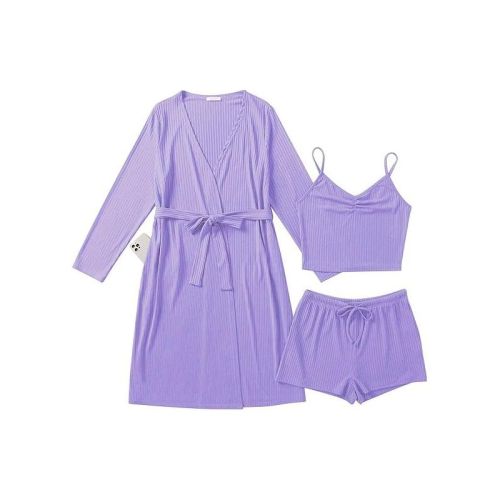 Ekouaer Rib Knit Pajamas Set for Women 3 Piece Lounge Sets Soft Cami and Shorts Pjs with Cardigan Loungewear Purple S