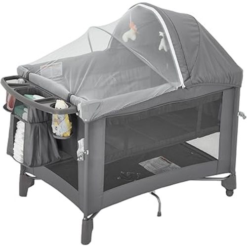 5 in 1 Baby Bassinet,Bedside Crib Sleeper,One-Push Setup Pack and Play,Diaper Changer,Come with Comfy Mattress,Rotating Toy Bar,Insect Net,from Infants to Newborn & Toddlers