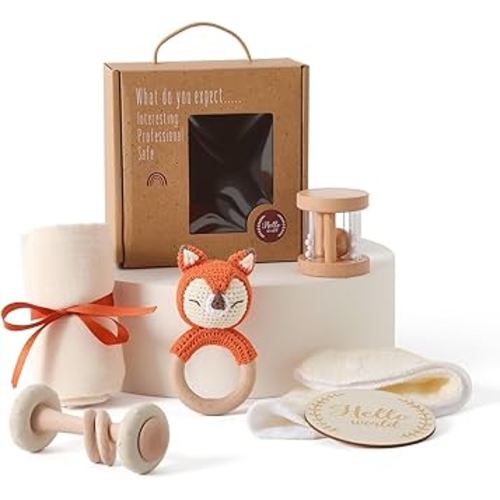 WOODEN TEETHER 6 pcs Beige Baby Girl Gifts Basket Newborn Girl Essentials New Baby Gift Newborn Gift Sets- Safe & Charming Newborn Gift Ensemble